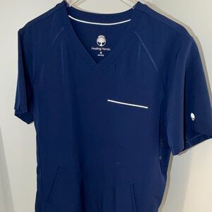 Healing Hands Men's V-Neck Scrub Top - Navy with White Trim Medium